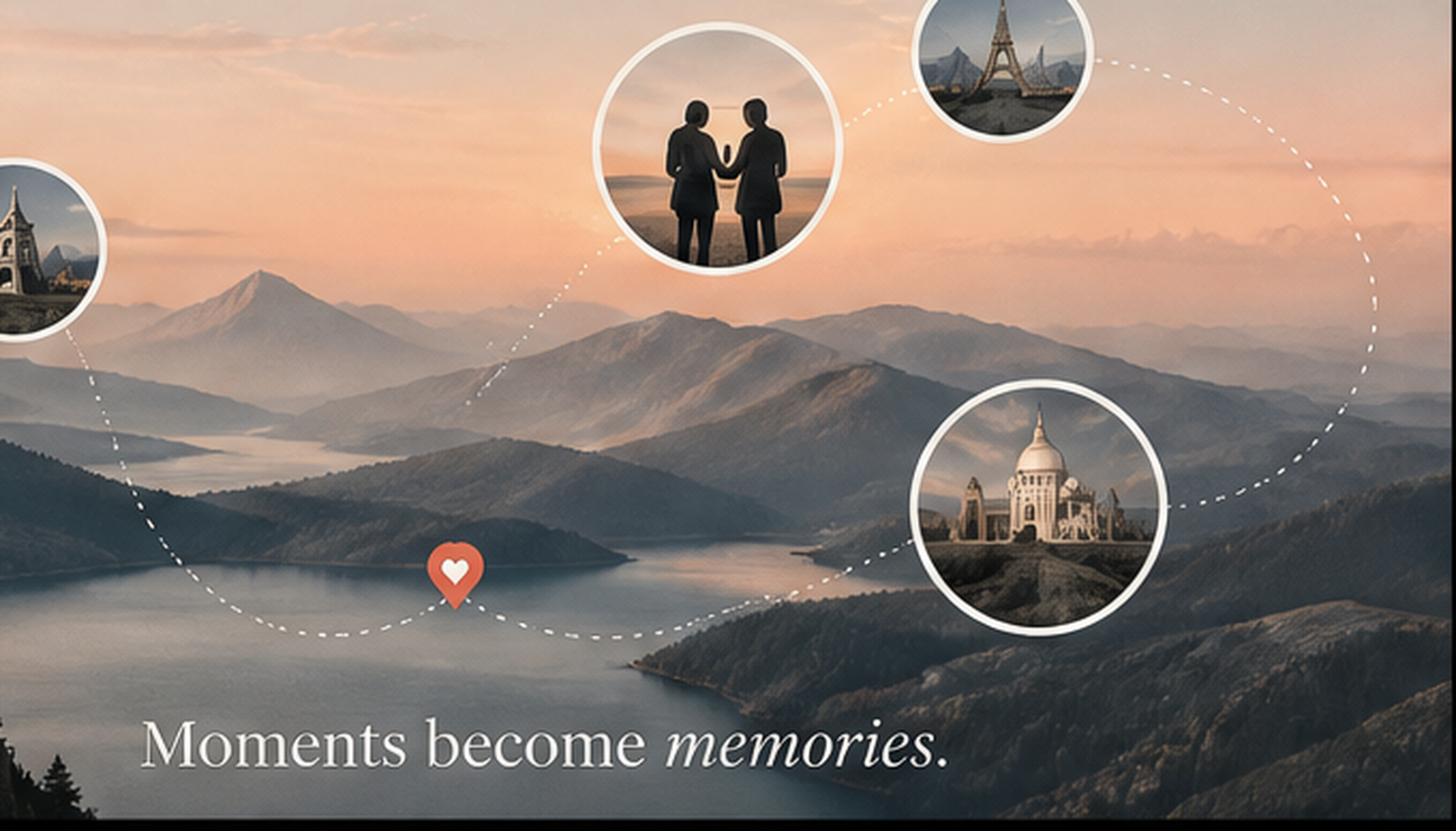 Romantic mountain landscape from the approved Memora brand kit with connected travel memories.